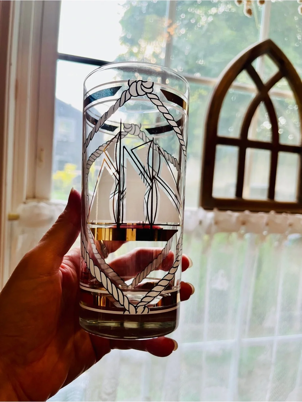 Vintage Nautical Highball Glasses - Gold & White Ship Design (Set of 4) 16oz